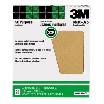 3M 99401NA-CC Sandpaper, 11 in L, 9 in W, Extra Fine, 220 Grit, Aluminum Oxide Abrasive, Paper Backing