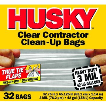 Husky HC42WC032C Clean-Up Trash Bag, 42 gal Capacity, Polyethylene, Clear