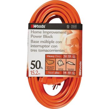 CCI 0826 Extension Cord, 14 AWG Cable, 50 ft L, 15 A, 125 V, Orange