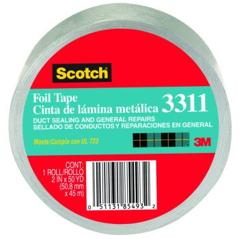 Scotch 3311-50A Foil Tape, 50 yd L, 2 in W, Aluminum Backing, Silver