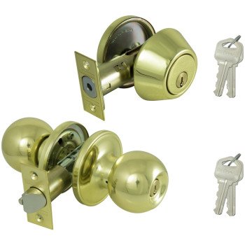 ProSource B37B1-PS Deadbolt and Entry Lockset, Turnbutton Lock, Saturn Design, Polished Brass, 3 Grade, Brass