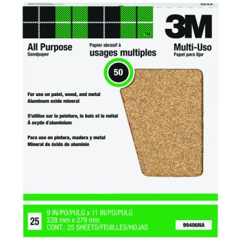 3M 99406 Sandpaper Sheet, 11 in L, 9 in W, Coarse, 50 Grit, Aluminum Oxide Abrasive, Paper Backing