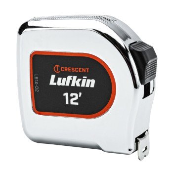 Crescent Lufkin Chrome Power Tape Series L912-02 Tape Measure, 12 ft L Blade, 1/2 in W Blade