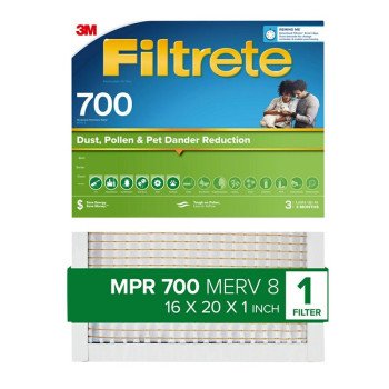 Filtrete 700-4 Pleated Air Filter, 20 in L, 16 in W, 8 MERV, 700 MPR, Fiberglass Frame