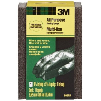 3M 908 Sanding Sponge, 3-3/4 in L, 2-5/8 in W, Fine, Medium, Aluminum Oxide Abrasive