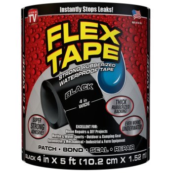 Flex Tape TFSBLKC0405 Tape, 5 ft L, 4 in W, Rubber Backing, Black
