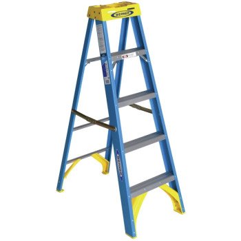 WERNER 6005 Step Ladder, 9 ft Max Reach H, 4-Step, 250 lb, Type I Duty Rating, 3 in D Step, Fiberglass, Blue
