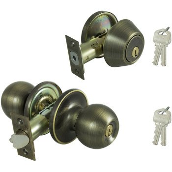ProSource B38B1-PS Deadbolt and Entry Lockset, Turnbutton Lock, Saturn Design, Antique Brass, 3 Grade, Brass
