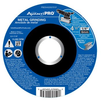 Avanti Pro PBD045250701F Grinding Disc, 4-1/2 in Dia, 1/4 in Thick, 7/8 in Arbor, 36 Grit, Coarse