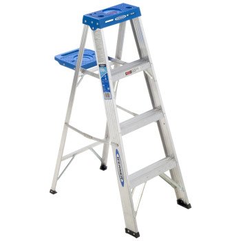 WERNER 364 Step Ladder, 8 ft Max Reach H, 3-Step, 250 lb, Type I Duty Rating, 6 in D Step, Aluminum/Plastic, Silver