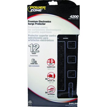 PowerZone OR504142 Surge Protector, 125 V, 15 A, 12-Outlet, 4200 Joules Energy, Black