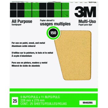 3M 99402NA Sandpaper, 11 in L, 9 in W, Fine, 150 Grit, Aluminum Oxide Abrasive, Paper Backing