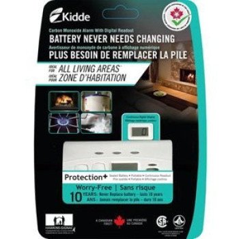 Kidde C3010D-CA Carbon Monoxide Alarm, 10 ft, +/-30 % Accuracy, 4 to 15 min Response, Digital Display, 85 dB