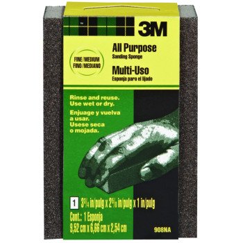 3M 908NA Sanding Sponge, 3-3/4 in L, 2-5/8 in W, 60, 100 Grit, Fine, Medium, Aluminum Oxide Abrasive
