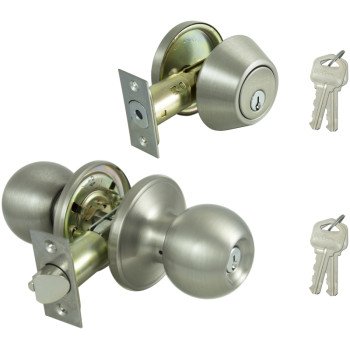 ProSource B3PB1-PS Deadbolt and Entry Lockset, Turnbutton Lock, Saturn Design, Satin Nickel, 3 Grade, Stainless Steel