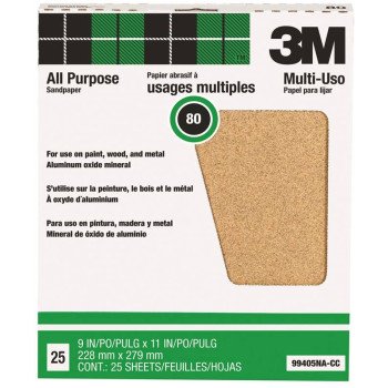 3M 99405 Sandpaper Sheet, 11 in L, 9 in W, Medium, 80 Grit, Aluminum Oxide Abrasive, Paper Backing