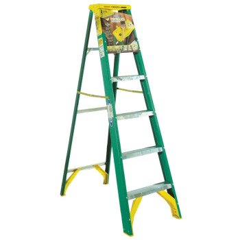 WERNER 5906 Step Ladder, 10 ft Max Reach H, 5-Step, 225 lb, Type II Duty Rating, 3 in D Step, Fiberglass, Green