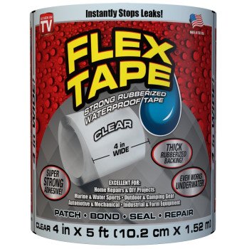 Flex Tape TFSCLRC0405 Tape, 5 ft L, 4 in W, Rubber Backing, Clear