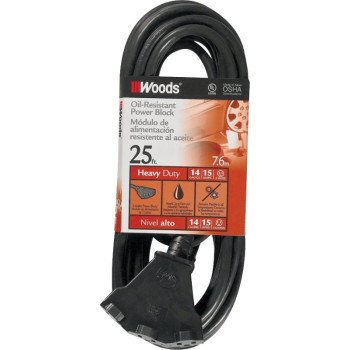 CCI 2451 Extension Cord, 14 AWG Cable, 25 ft L, 15 A, 125 VAC, Black