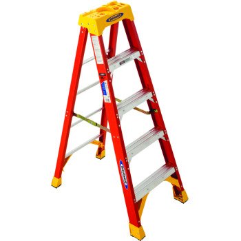 WERNER 6205 Step Ladder, 9 ft Max Reach H, 4-Step, 300 lb, Type IA Duty Rating, 3 in D Step, Fiberglass, Yellow