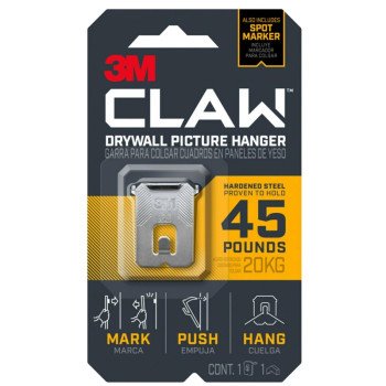 3M CLAW 3PH45M-1ES Drywall Picture Hanger, 45 lb, Steel, Push-In Mounting, 1/PK