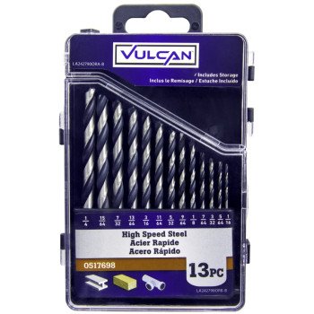 Vulcan Plastic Case Drill Bit Set, 13-Piece, High-Speed Steel, Black Oxide/Polished