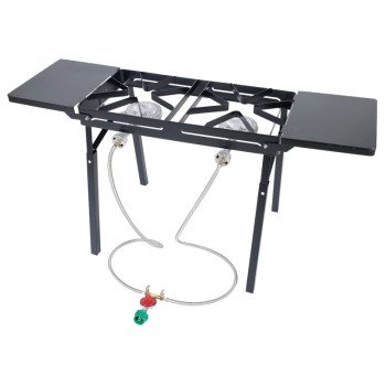 Bayou Classic DB375 Dual Burner Outdoor Patio Stove Features 13-in Tall Welded Steel Frame Dual 6-in Burners Dual 36-in Stainless Braided Hoses Designed for Large Pots up to 62-qt Capacity