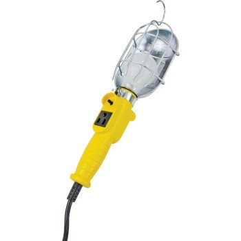 PowerZone ORTL010625 Work Light with Metal Guard and Single Outlet, 12 A, Incandescent Lamp, 25 ft L Cord, Yellow