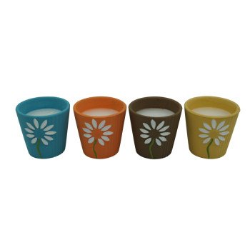 Seasonal Trends Y252 Ceramic Flower Citronella Candle, Round, Yellow, Orange, Blue and Brown, Citronella