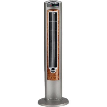 Lasko Wind Curve T42954 Tower Fan with Remote Control, 120 V, Plastic Housing Material, Gray/Woodgrain