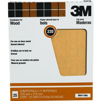 3M 99411NA Sandpaper, 11 in L, 9 in W, Extra Fine, 220 Grit, Garnet Abrasive, Paper Backing