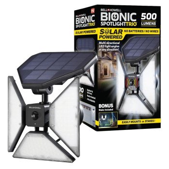 Bell+Howell Bionic Series 7844 Solar-Powered Spot Light, 3-Lamp, LED Lamp, 500 Lumens, Plastic Fixture