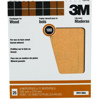 3M 99412NA Sandpaper, 11 in L, 9 in W, Fine, 180 Grit, Garnet Abrasive, Paper Backing