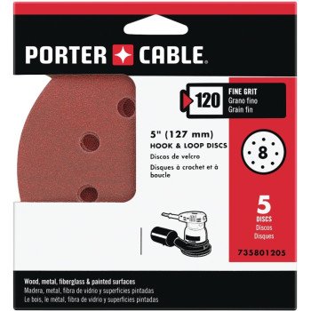 Porter-Cable 735801205 Sanding Disc, 5 in Dia, 120 Grit, Fine, Aluminum Oxide Abrasive, 8-Hole