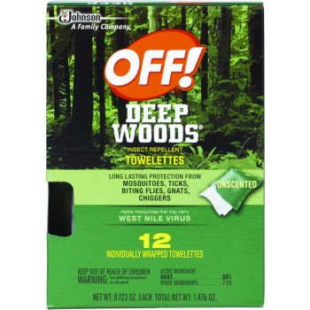 OFF! Deep Woods 54996 Insect Repellent Towelette, 12 CT Pack, Liquid, Clear/White, Alcohol