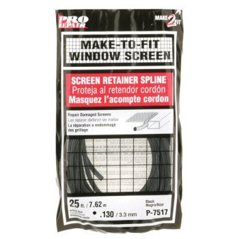 Make-2-Fit P 7517 Screen Retainer Spline, 0.130 in D, 25 ft L, Vinyl, Black, Round