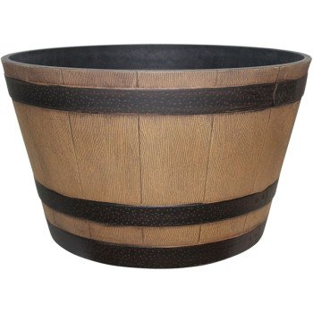 Southern Patio HDR-055440 Planter, 15.4 in H, 15.4 in W, 9.1 in D, Round, Whiskey Barrel Design, Plastic, Natural Oak