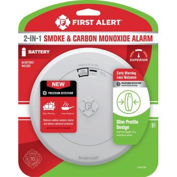 First Alert 1046793 Smoke and Carbon Monoxide Alarm with Slim Profile Design, 85 dBA, Photoelectric Sensor, White